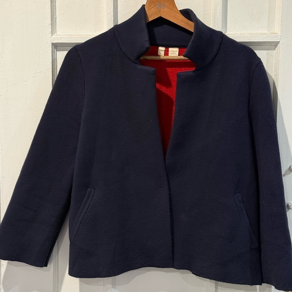 Moth Navy Pea Coat with Vibrant Red Interior